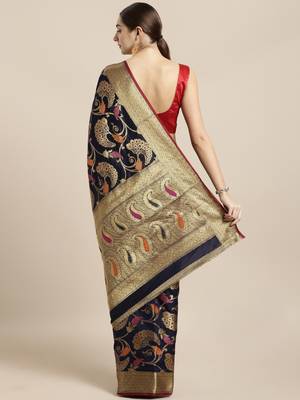 Navy blue woven silk blend saree with blouse 2