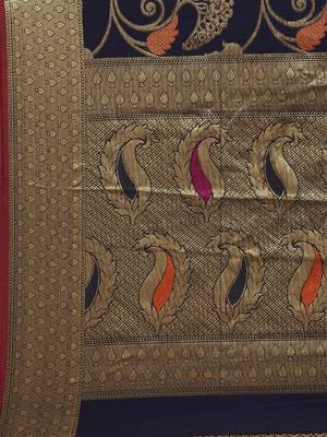 Navy blue woven silk blend saree with blouse 4