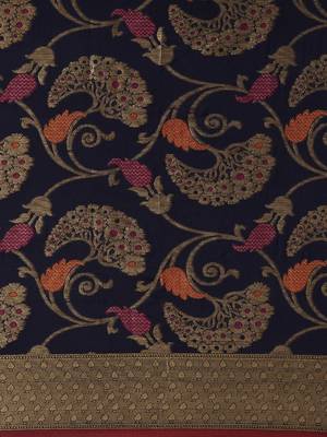 Navy blue woven silk blend saree with blouse 5