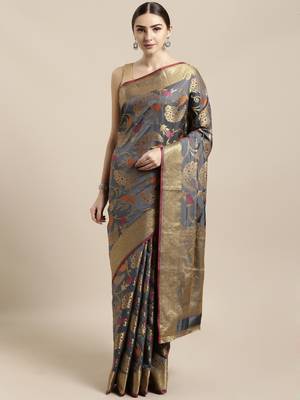 Grey woven silk blend saree with blouse 1