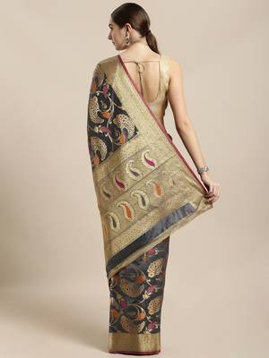 Grey woven silk blend saree with blouse 2