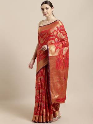 Red woven silk blend saree with blouse 1