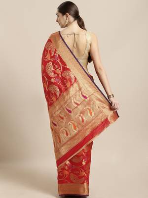 Red woven silk blend saree with blouse 2