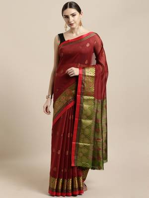 Maroon woven cotton saree with blouse 1