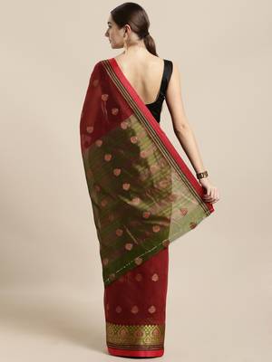 Maroon woven cotton saree with blouse 2