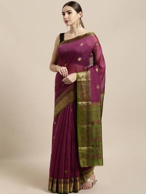 Wine woven cotton saree with blouse 1
