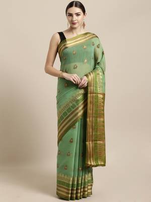 Green woven cotton saree with blouse 1