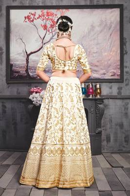 White embroidered silk semi-stitched lehenga 3