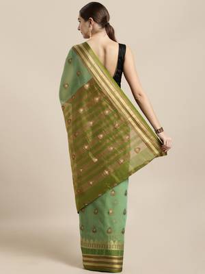 Green woven cotton saree with blouse 2