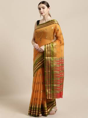Mustard woven cotton saree with blouse 1