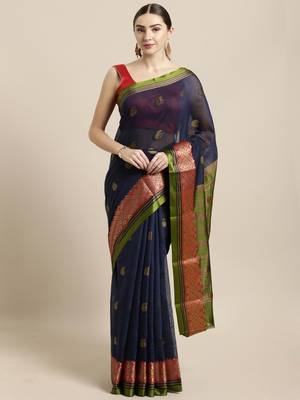 Navy blue woven cotton saree with blouse 1