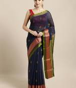 Navy blue woven cotton saree with blouse