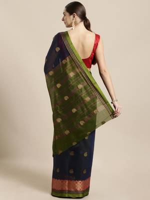 Navy blue woven cotton saree with blouse 2
