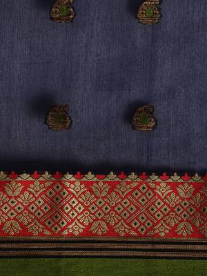 Navy blue woven cotton saree with blouse 5