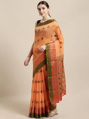 Orange woven cotton saree with blouse 1