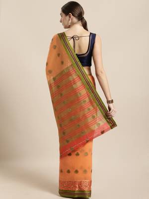 Orange woven cotton saree with blouse 2