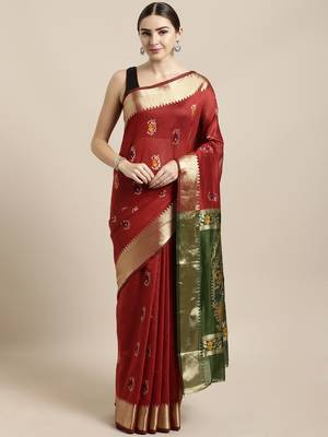 Maroon woven cotton saree with blouse 1