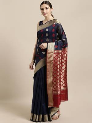 Navy blue woven cotton saree with blouse 1