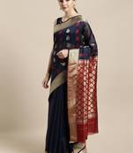 Navy blue woven cotton saree with blouse
