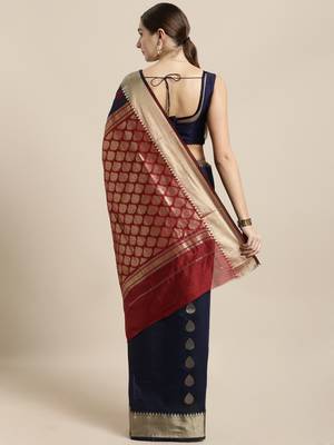 Navy blue woven cotton saree with blouse 2