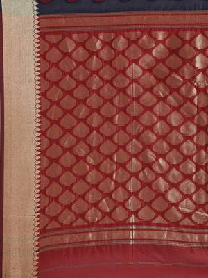 Navy blue woven cotton saree with blouse 4