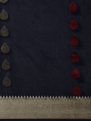Navy blue woven cotton saree with blouse 5