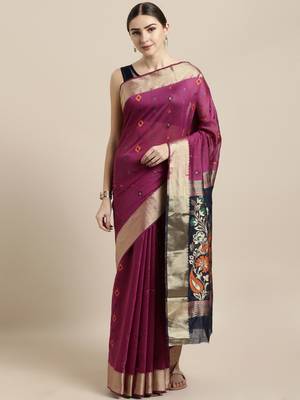 Magenta woven cotton saree with blouse 1