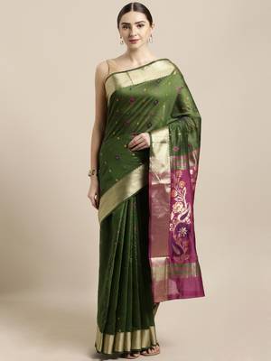 Green woven cotton saree with blouse 1