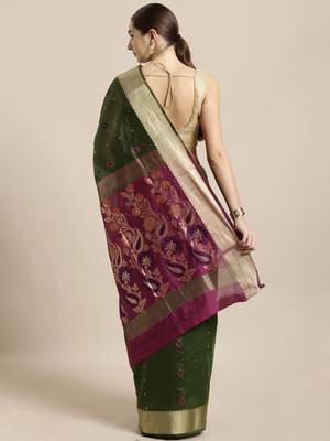 Green woven cotton saree with blouse 2