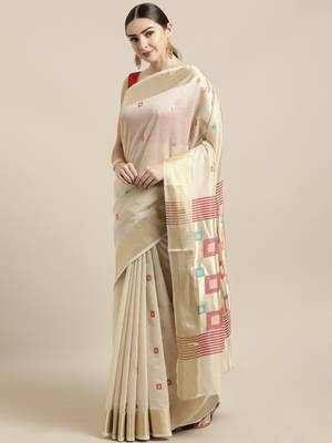 Cream woven cotton saree with blouse 1