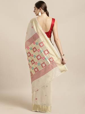 Cream woven cotton saree with blouse 2