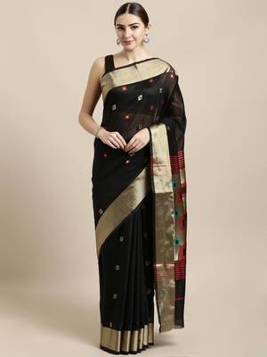 Black woven cotton saree with blouse 1