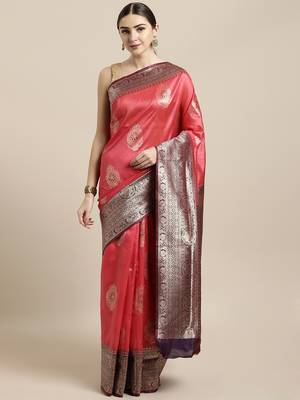 Pink woven raw silk saree with blouse 1