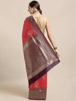 Pink woven raw silk saree with blouse 2