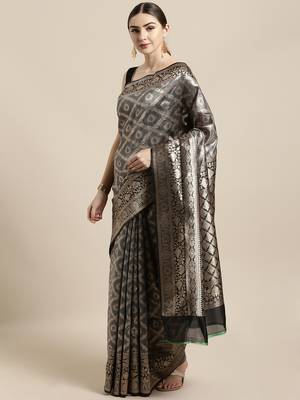 Grey woven raw silk saree with blouse 1