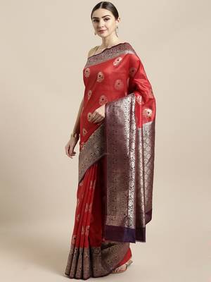 Red woven raw silk saree with blouse 1