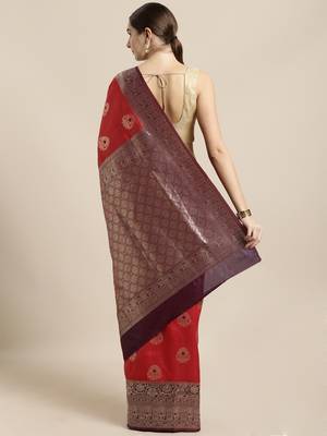 Red woven raw silk saree with blouse 2