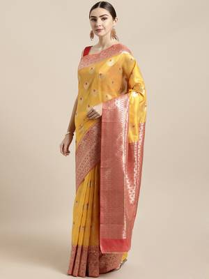 Yellow woven raw silk saree with blouse 1