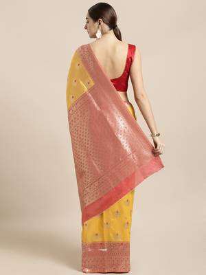 Yellow woven raw silk saree with blouse 2
