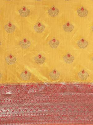 Yellow woven raw silk saree with blouse 5
