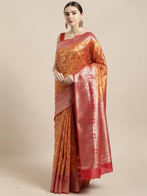 Orange woven raw silk saree with blouse 1