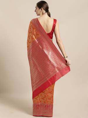 Orange woven raw silk saree with blouse 2