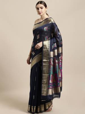 Navy blue woven cotton saree with blouse 1