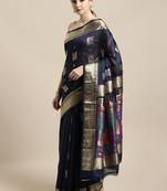 Navy blue woven cotton saree with blouse