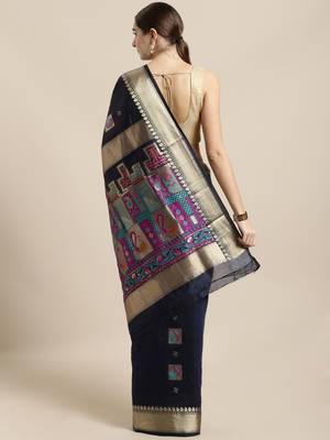 Navy blue woven cotton saree with blouse 2
