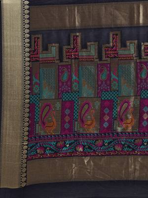 Navy blue woven cotton saree with blouse 4