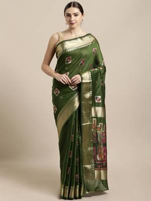 Green woven cotton saree with blouse 1