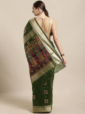 Green woven cotton saree with blouse 2