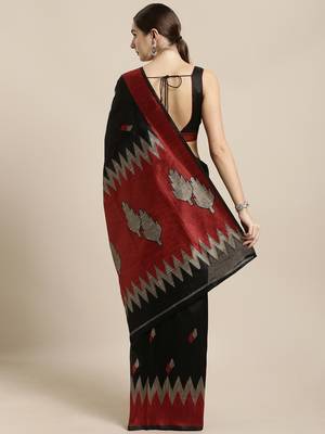 Black woven raw silk saree with blouse 2