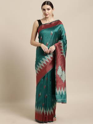 Green woven raw silk saree with blouse 1